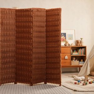 Soft ribbed room divider panels dividing a playroom with a canvas teepee and wooden toy shelf