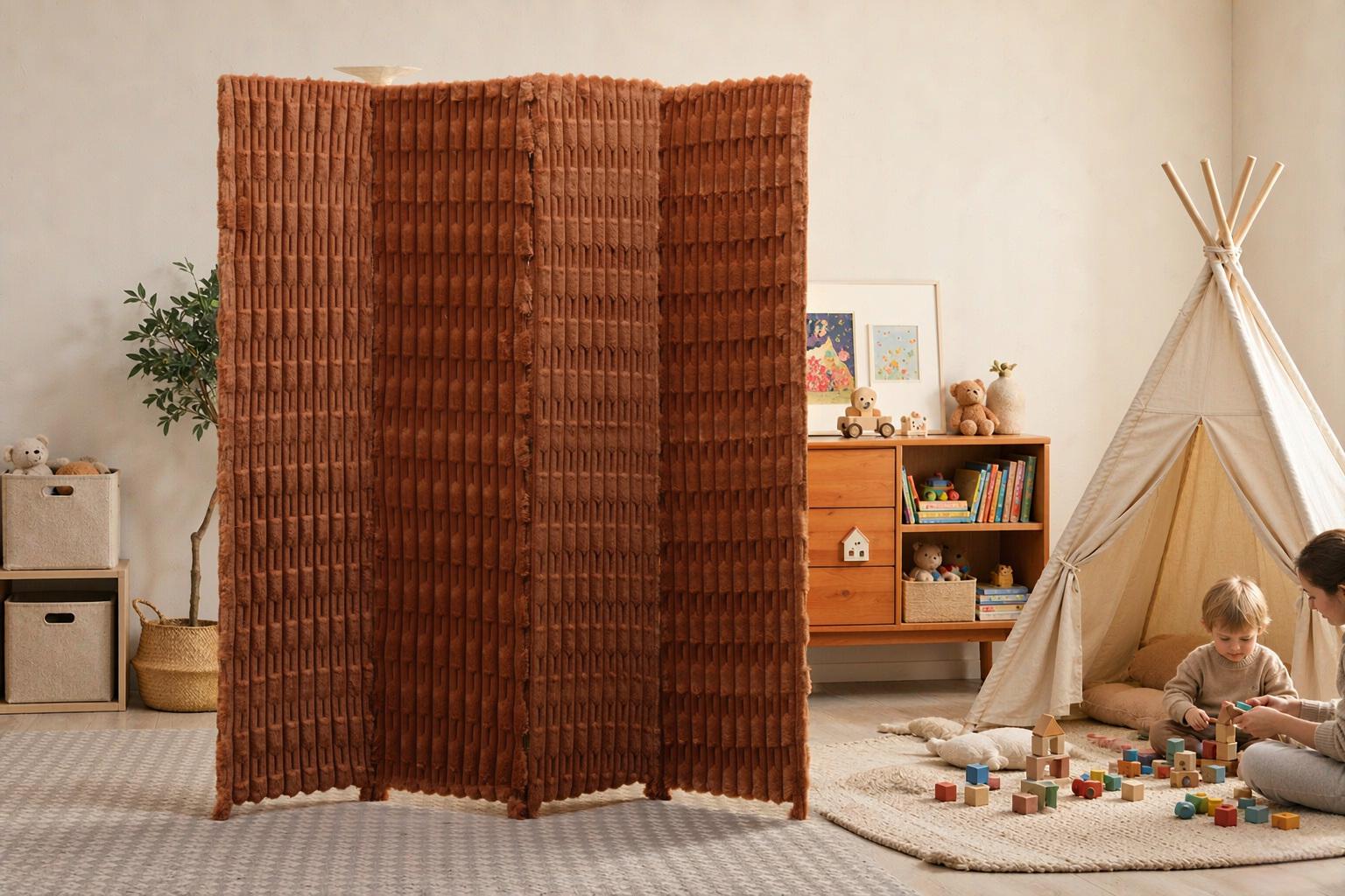 Soft ribbed room divider panels dividing a playroom with a canvas teepee and wooden toy shelf