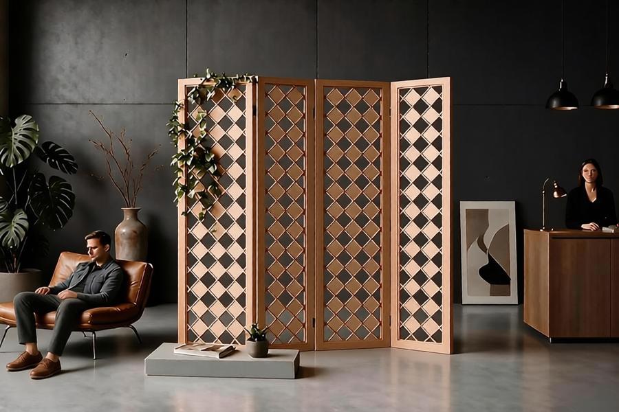 Warm copper diamond grid room divider against dark walls with a leather lounge chair and trailing greenery