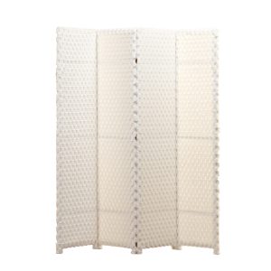 Cream looped boucle fabric screen panels beside a toddler bed and wicker chair in a nursery room