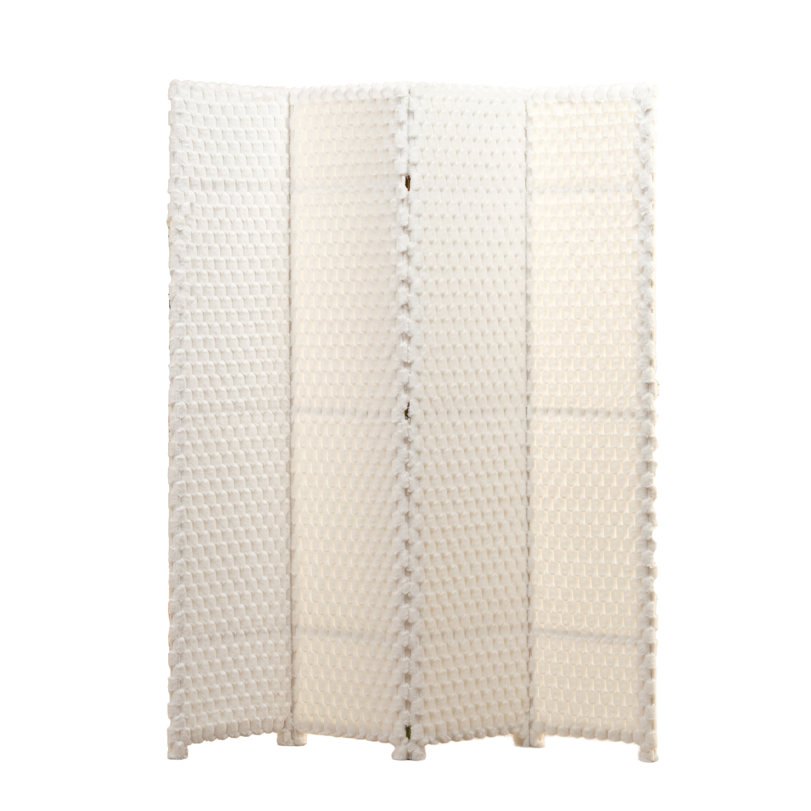 Cream looped boucle fabric screen panels beside a toddler bed and wicker chair in a nursery room