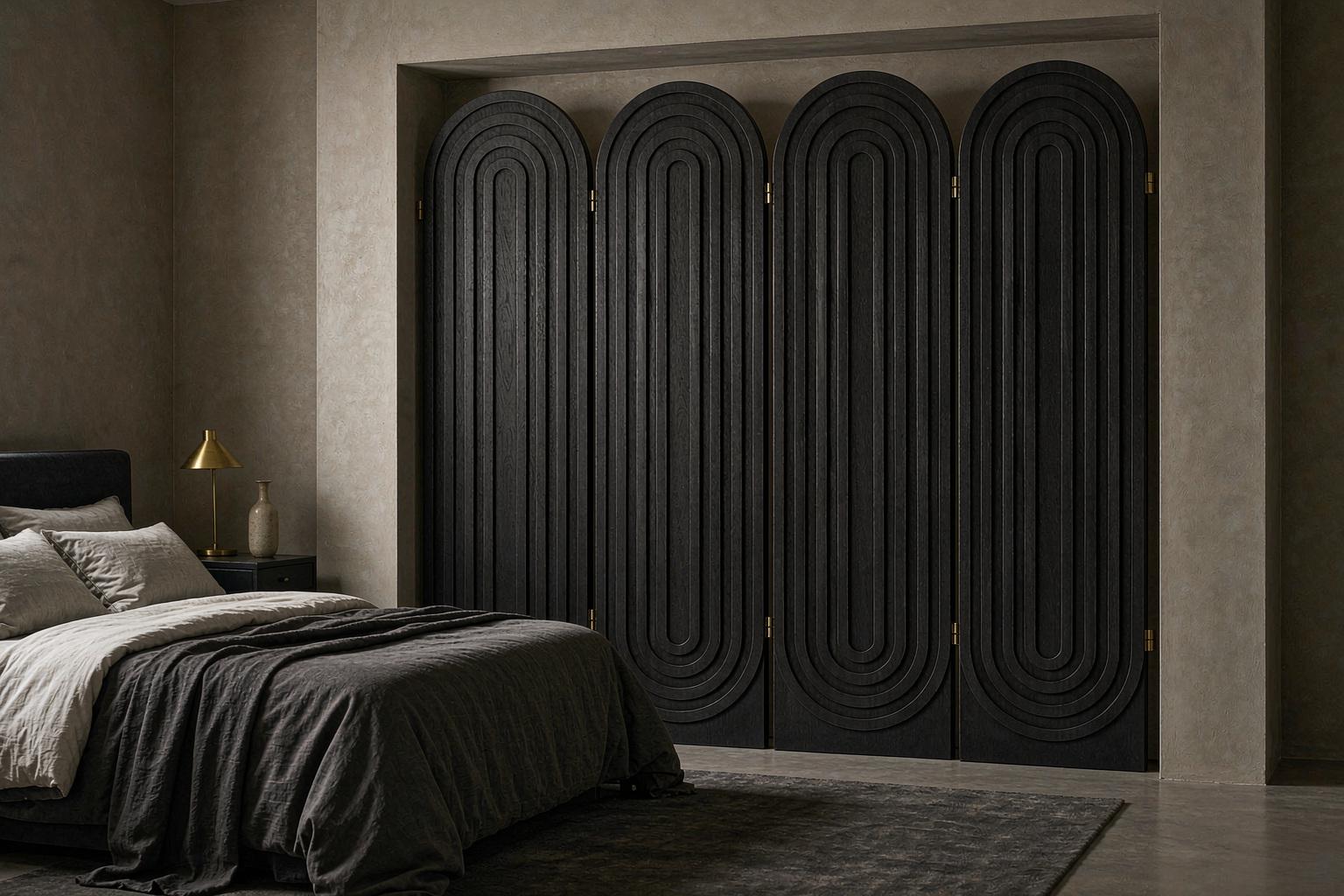 Tone on tone black arch screen closing a bedroom alcove in a moody grey suite interior