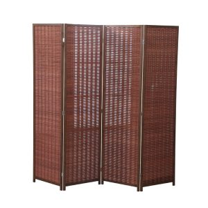 Dark red brown fibre woven room divider in a tight vertical pattern, photographed on a plain white background