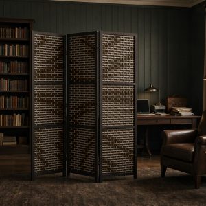 Dark framed brick weave room divider in a wood panelled study with leather seating