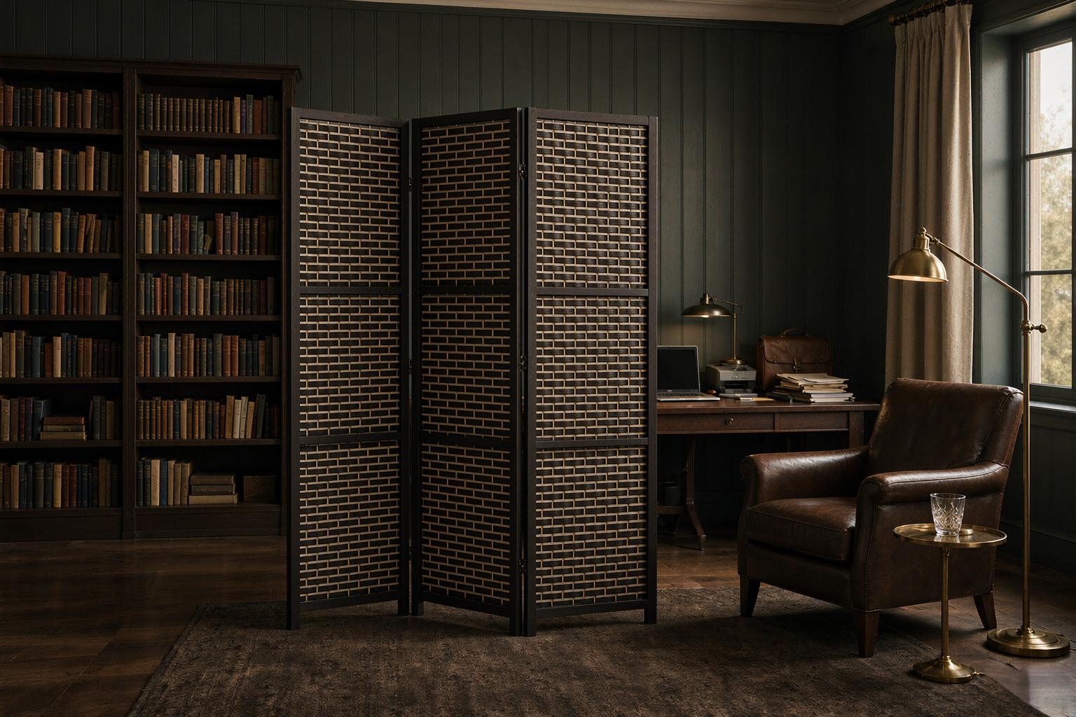Dark framed brick weave room divider in a wood panelled study with leather seating