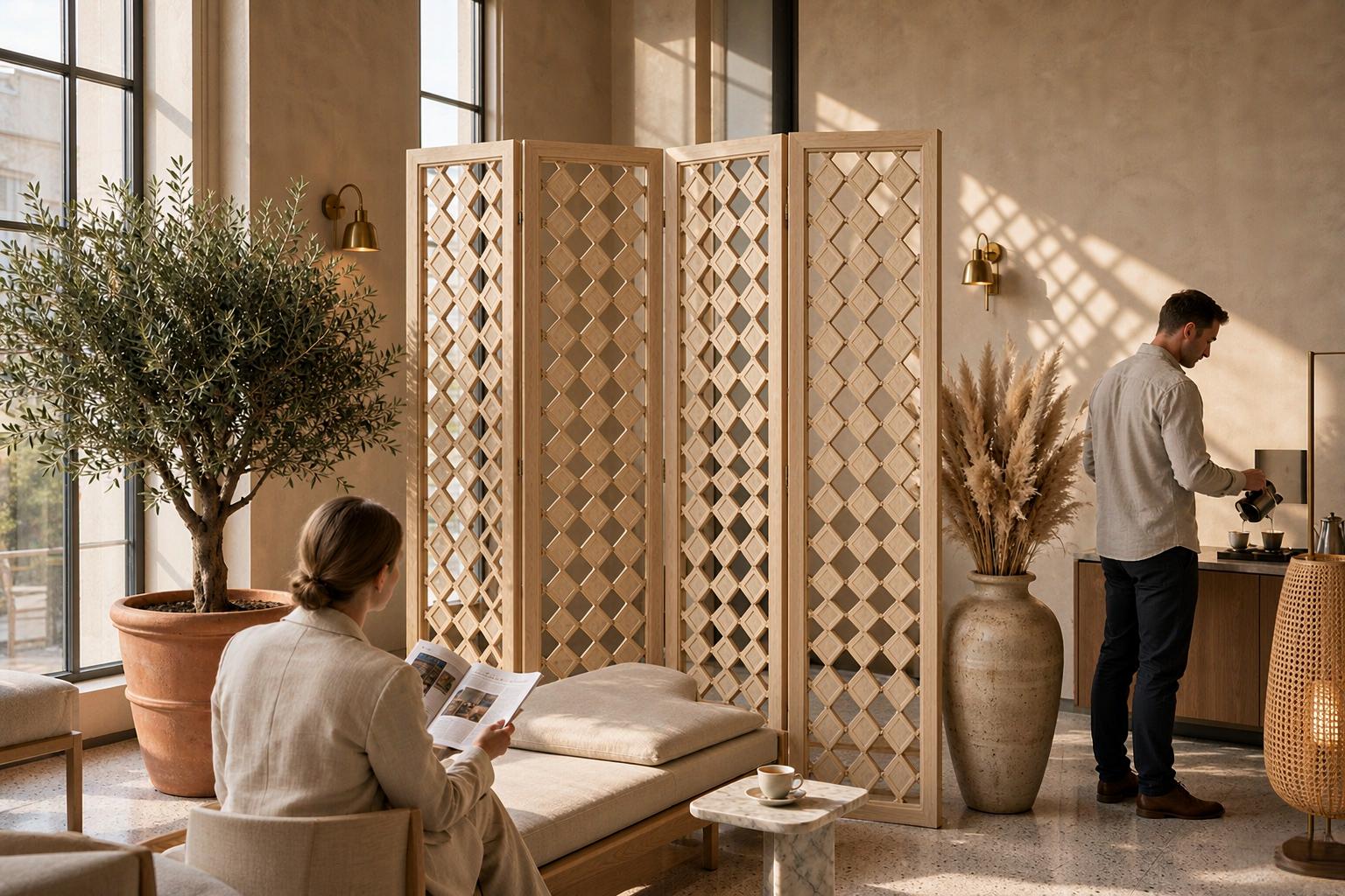 Raised diamond studs on a trellis privacy screen curving around a daybed in a sunlit hotel lounge corner setting