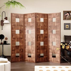 Book matched diamond veneer decorative screen with square cutouts behind a dark leather sofa in a lounge
