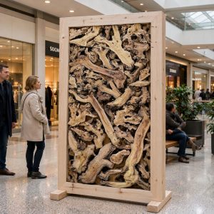 Salvaged root and driftwood sculptural divider in a pine frame exhibited in a shopping mall walkway