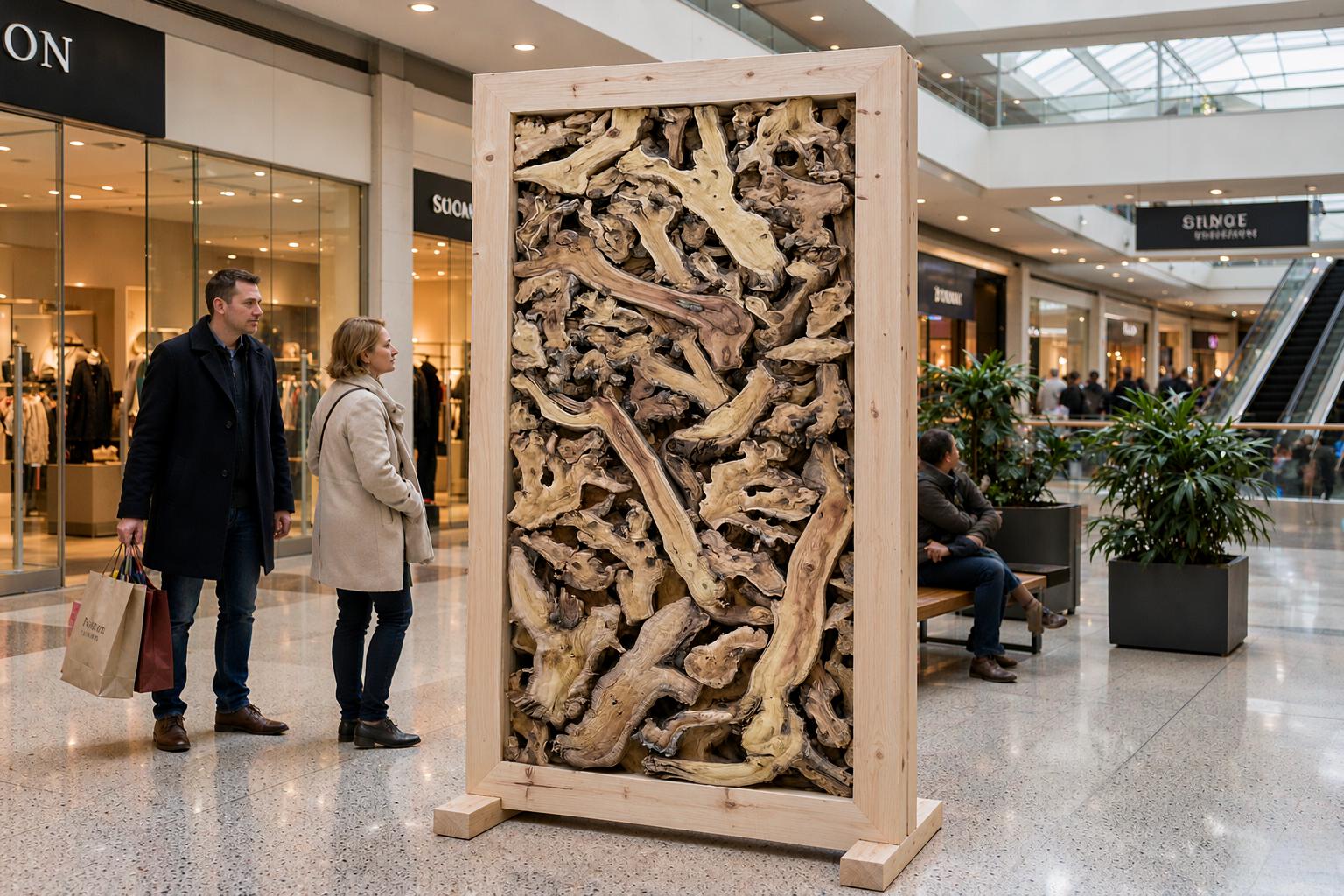 Salvaged root and driftwood sculptural divider in a pine frame exhibited in a shopping mall walkway