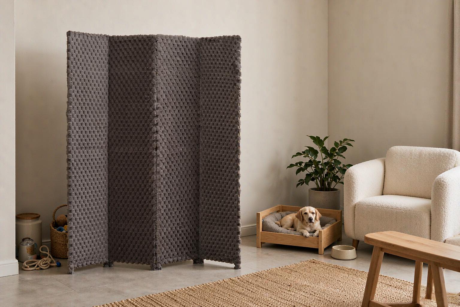 Grey loop weave fabric screen panels creating a pet corner with a wooden dog bed and chew toys