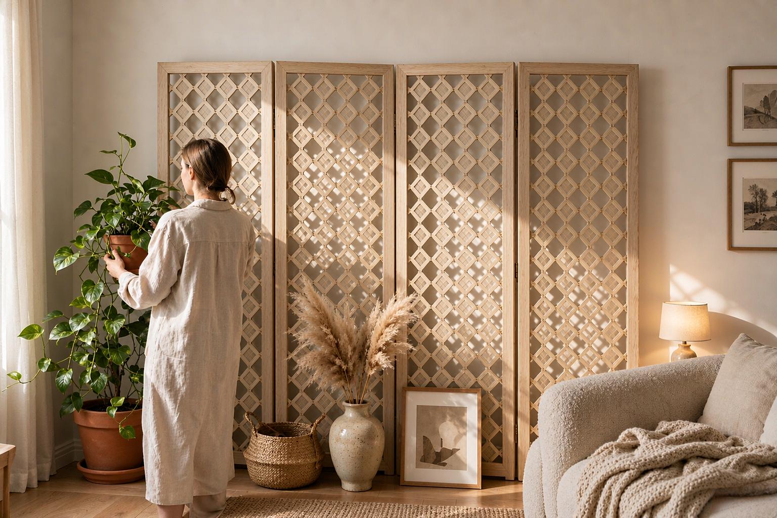 Hand set diamond studs on harlequin trellis screen panels leaning against a living room wall