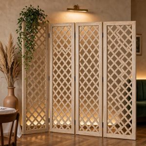 Lattice screen panel glowing with warm uplight behind a restaurant table in the evening