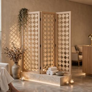Diamond cutout lattice screen beside rolled towels and candlelight in a wellness lounge