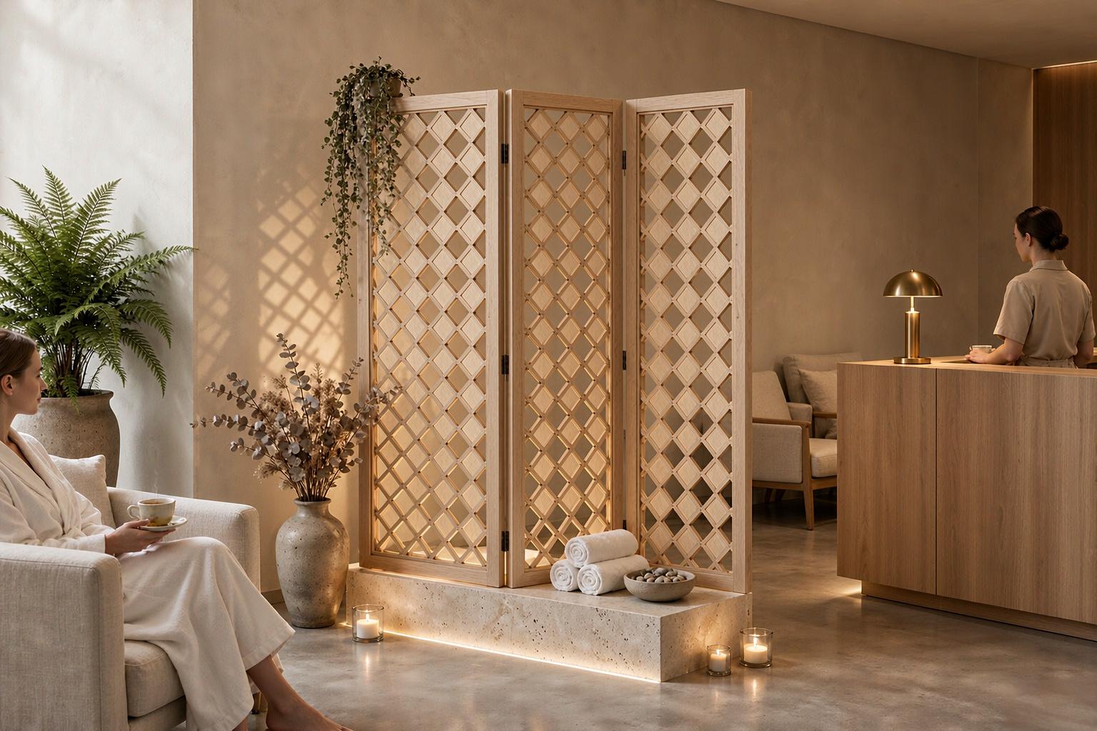 Diamond cutout lattice screen beside rolled towels and candlelight in a wellness lounge