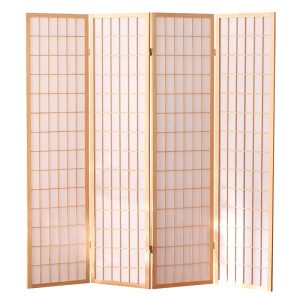 Light wood shoji screen with white paper panels and a fine kumiko lattice grid, four panel folding room divider on white