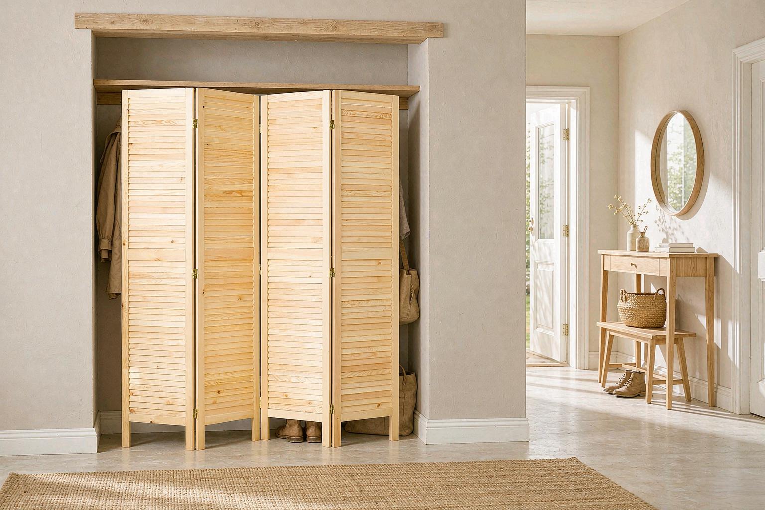 Ventilated louvered room divider panels closing an entryway closet with coats and shoes behind
