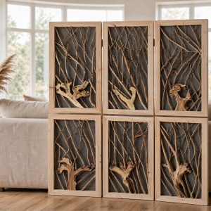 Six framed twig divider panels stacked two rows high behind a sofa in a neutral living room