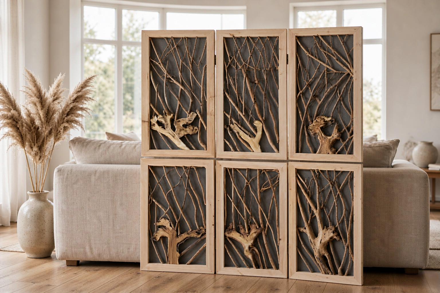 Six framed twig divider panels stacked two rows high behind a sofa in a neutral living room