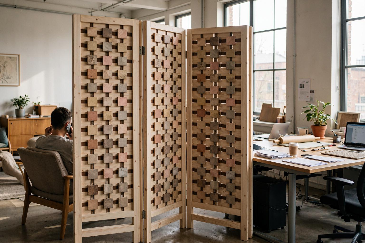 Square mosaic block screen in blush sand and charcoal tones dividing a home studio desk zone