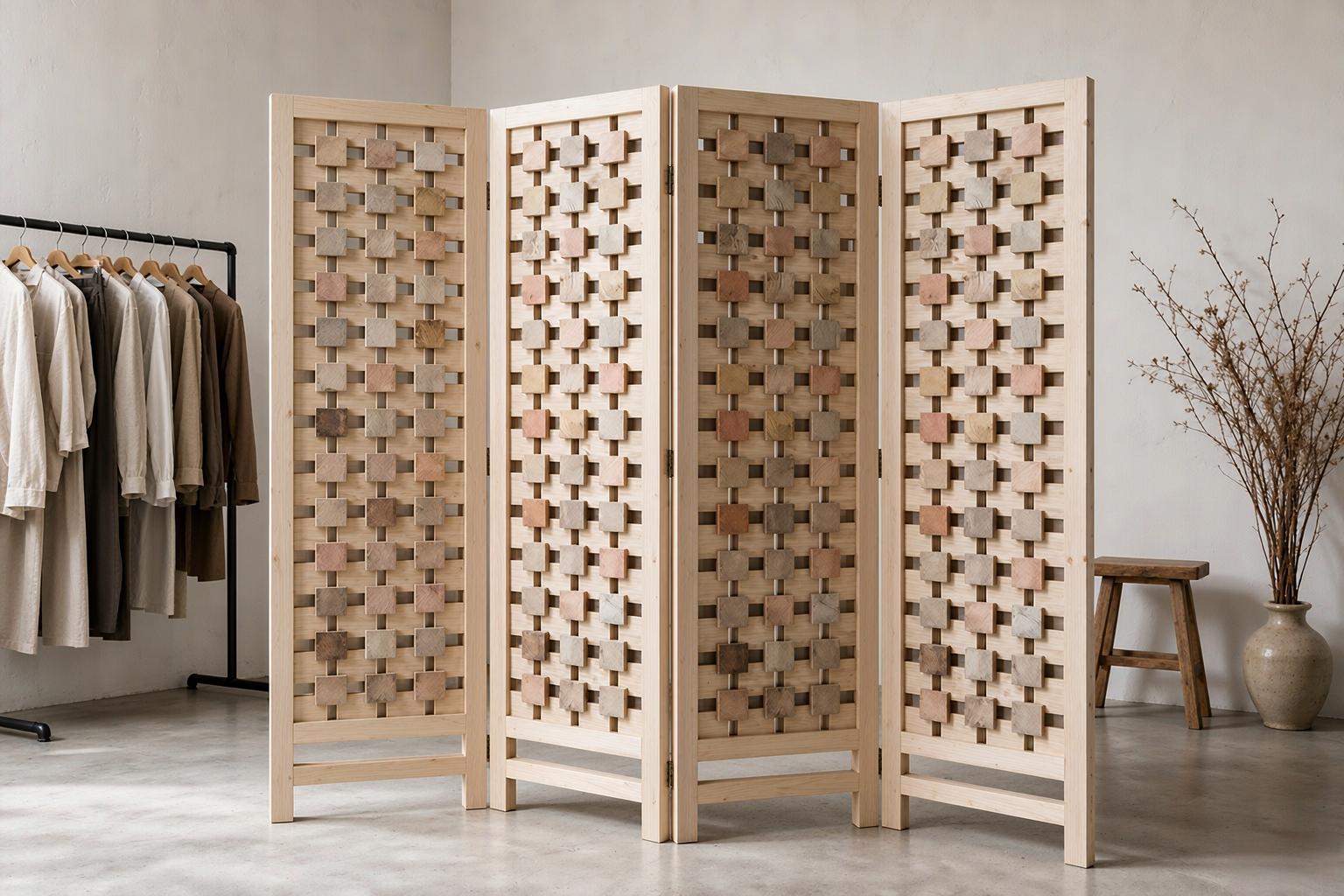 Recessed square tiles of a mosaic block screen with shadow gaps beside a garment rail in a minimalist studio