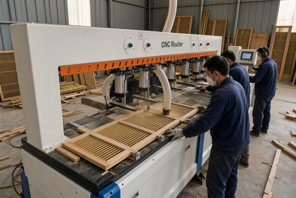 Workers operating a multi-head CNC router machine processing wooden grating panels in a modern factory.