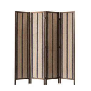 Denim blue camel and stone grey stripe bands of a woven room divider photographed on a plain white background