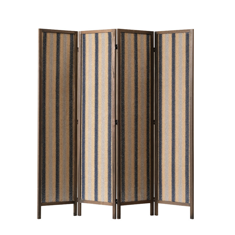 Denim blue camel and stone grey stripe bands of a woven room divider photographed on a plain white background
