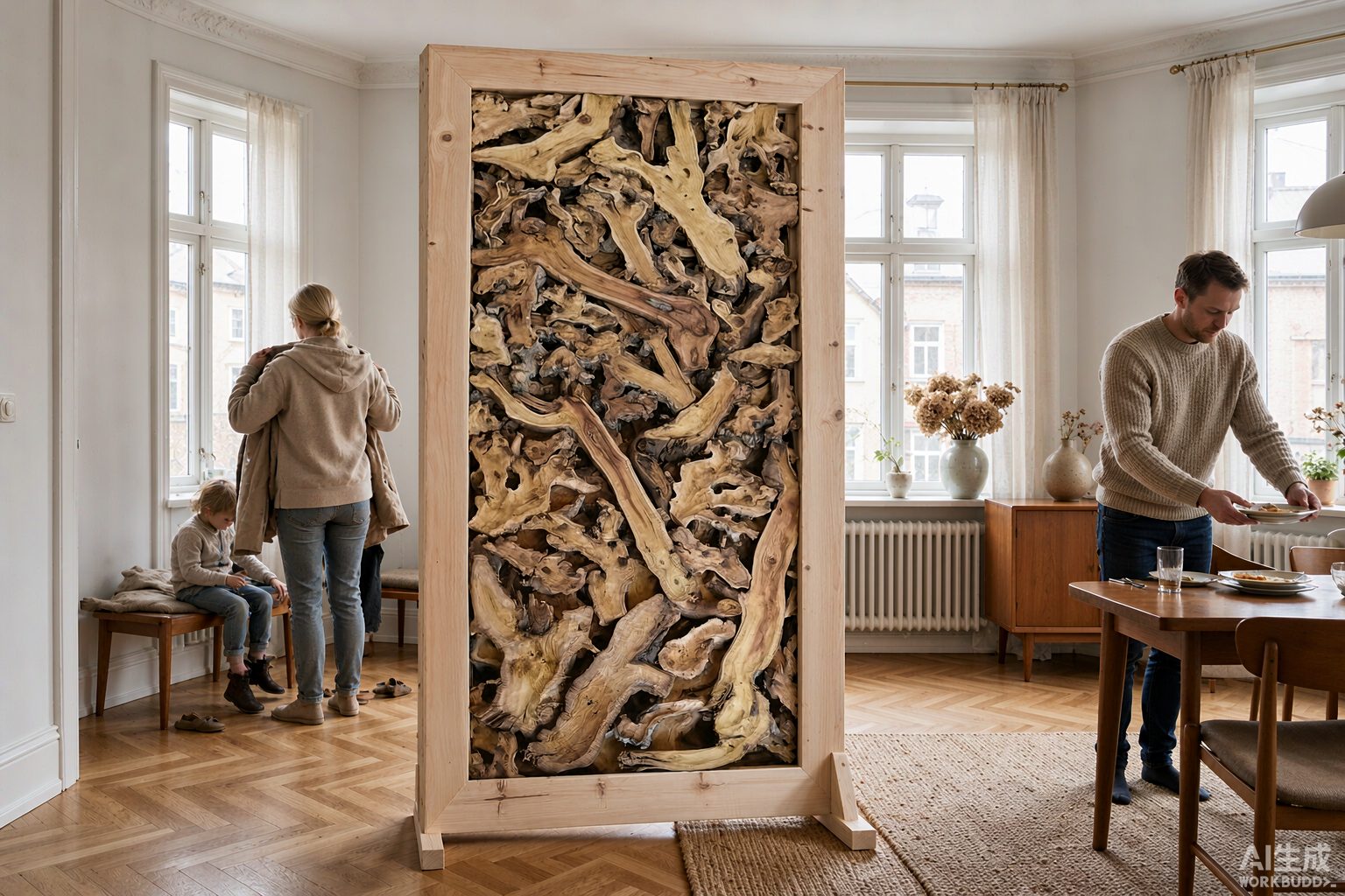 Gnarled root sections wall to wall in a pale framed root wood screen between a dining table and hallway