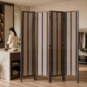 Slim navy stripe woven fabric screen panels beside a marble island inside a walk in closet room