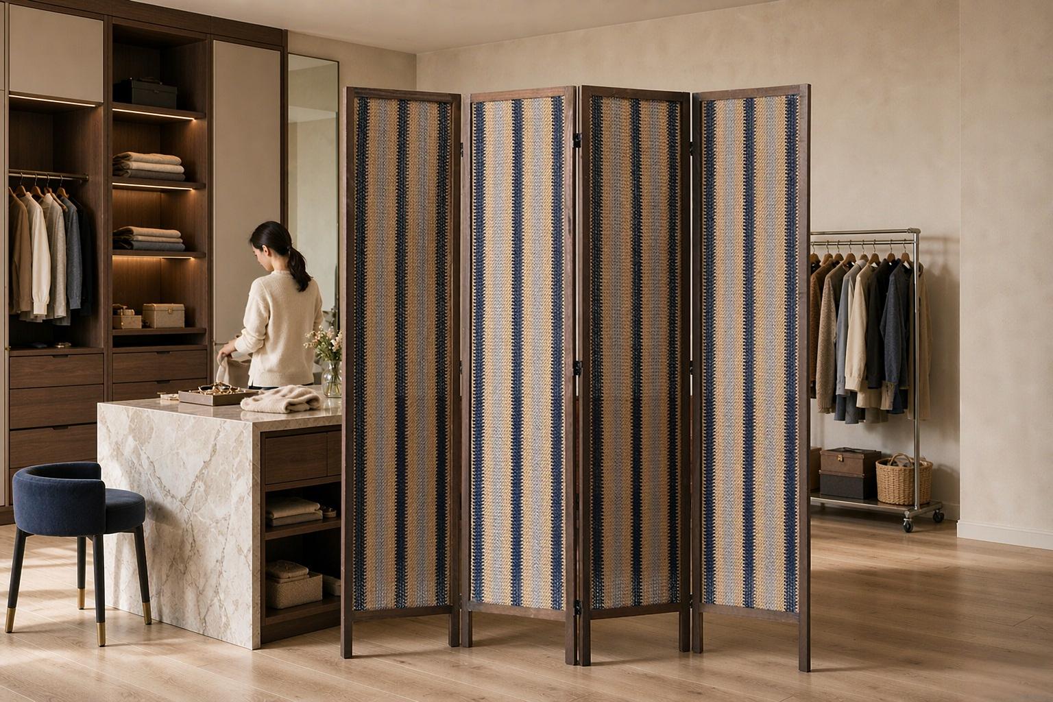Slim navy stripe woven fabric screen panels beside a marble island inside a walk in closet room