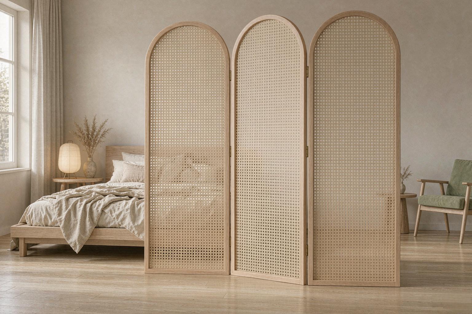 Light oak arched rattan screen with woven cane inserts beside a low wooden bed in a bedroom room