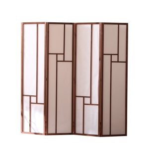 Pill shaped cane room divider panels in four ovals of varied height against a dark green wall