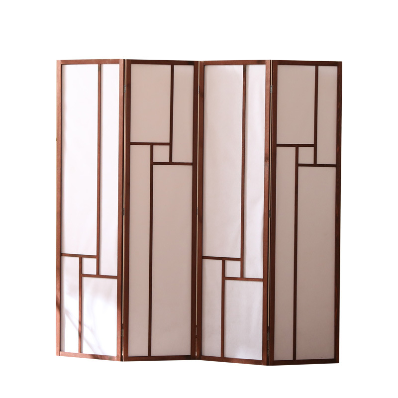 Pill shaped cane room divider panels in four ovals of varied height against a dark green wall