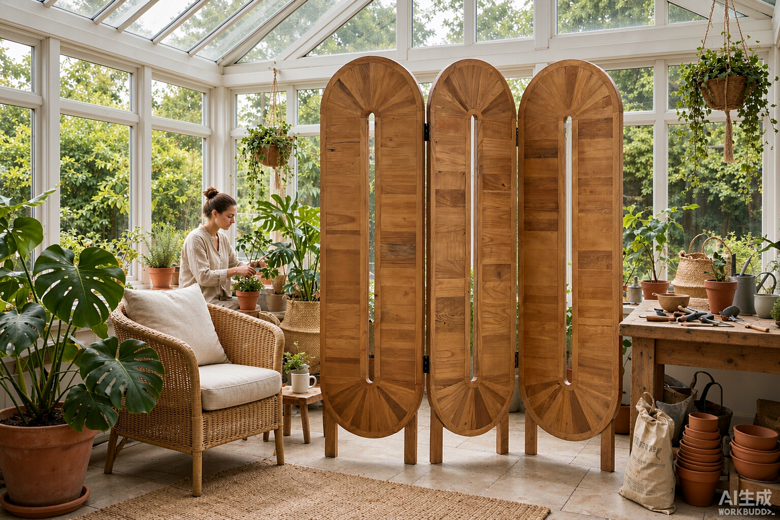 Slotted teak oval privacy screen panels with sunburst veneer crowns standing among plants in a glass conservatory