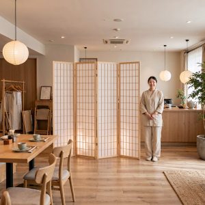 Paper shoji screen dividing a modern Japanese cafe with wooden tables, rattan pendant lamps and a bright interior