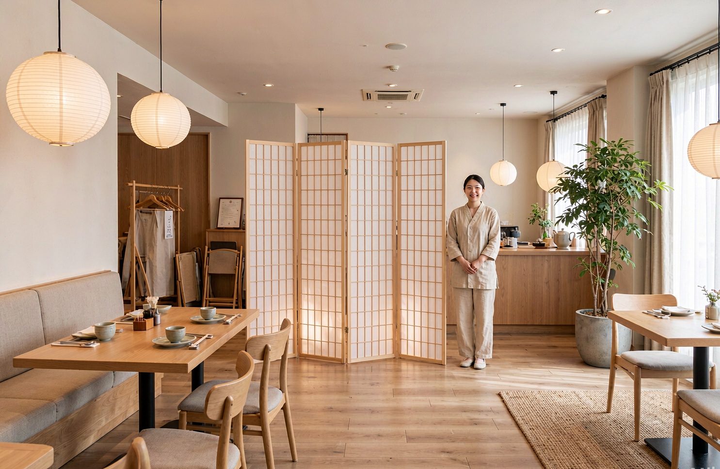 Paper shoji screen dividing a modern Japanese cafe with wooden tables, rattan pendant lamps and a bright interior