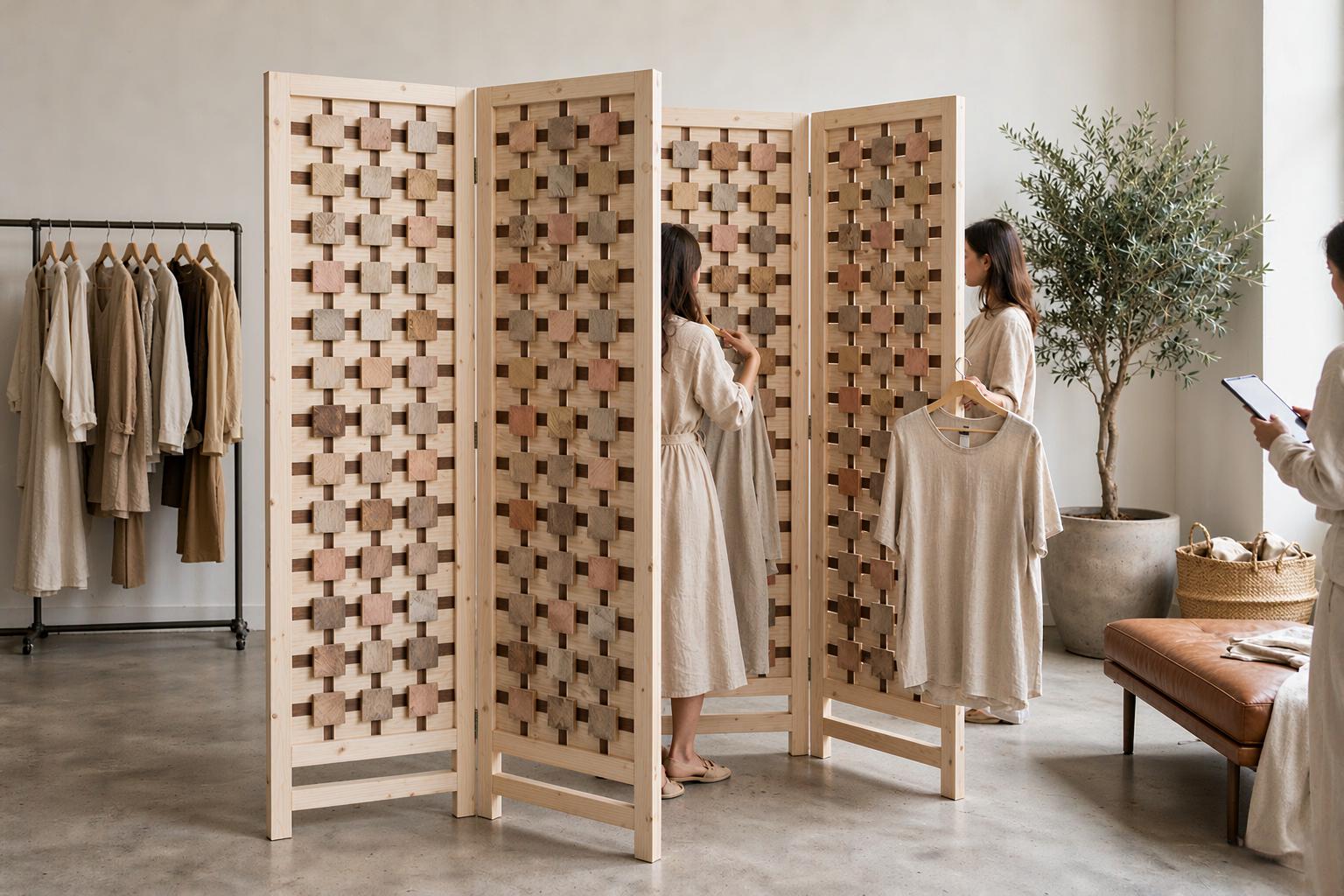Woven square tile room divider panels creating a private fitting corner beside clothing racks