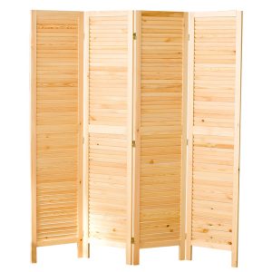 Angled slat shutters of a knotty pine louvered screen photographed on a plain white studio background