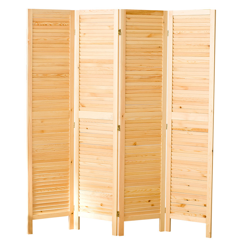Angled slat shutters of a knotty pine louvered screen photographed on a plain white studio background