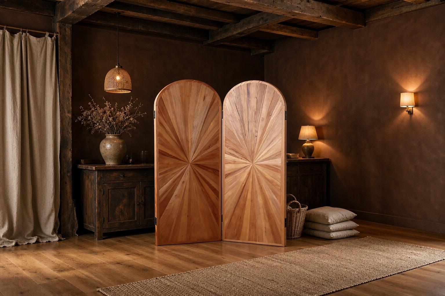 Radiant starburst inlay room divider against dark plaster and beam ceilings in a rustic suite