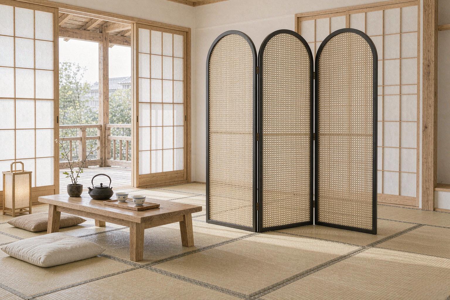 Black framed rattan cane ovals in a japandi tea room with tatami mats and shoji doors