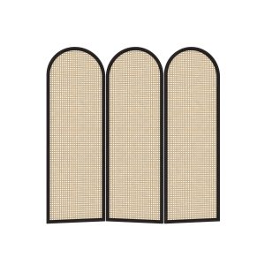 Slim black frame rattan cane screen with hand woven natural cane on a clean white background