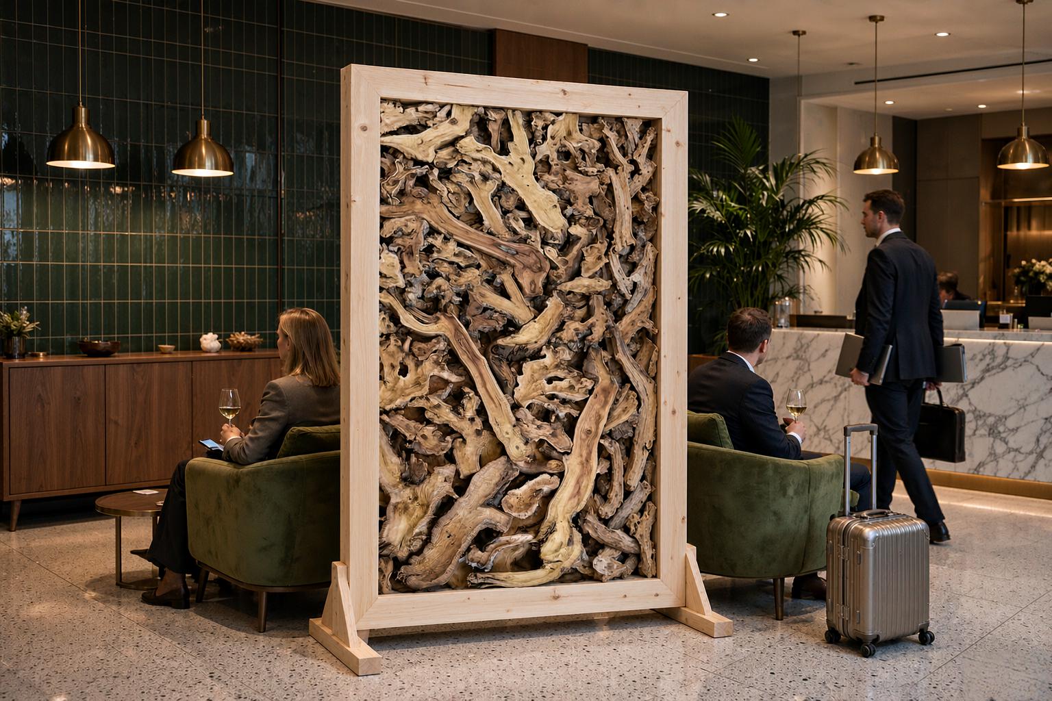 Root formations filling an angled art panel frame between a hotel lounge and marble reception