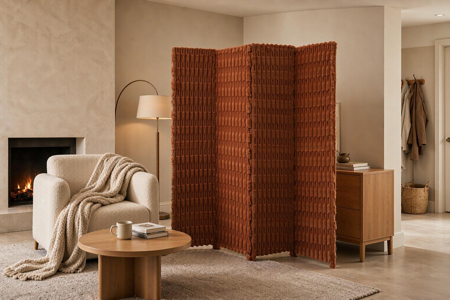 Terracotta screen ribs catching firelight beside neutral sofas and wool throws in a lounge