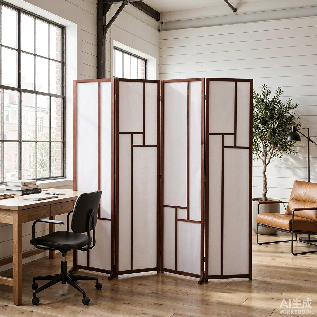 Dark wood shoji screen frame with translucent washi panels giving soft light in a home office