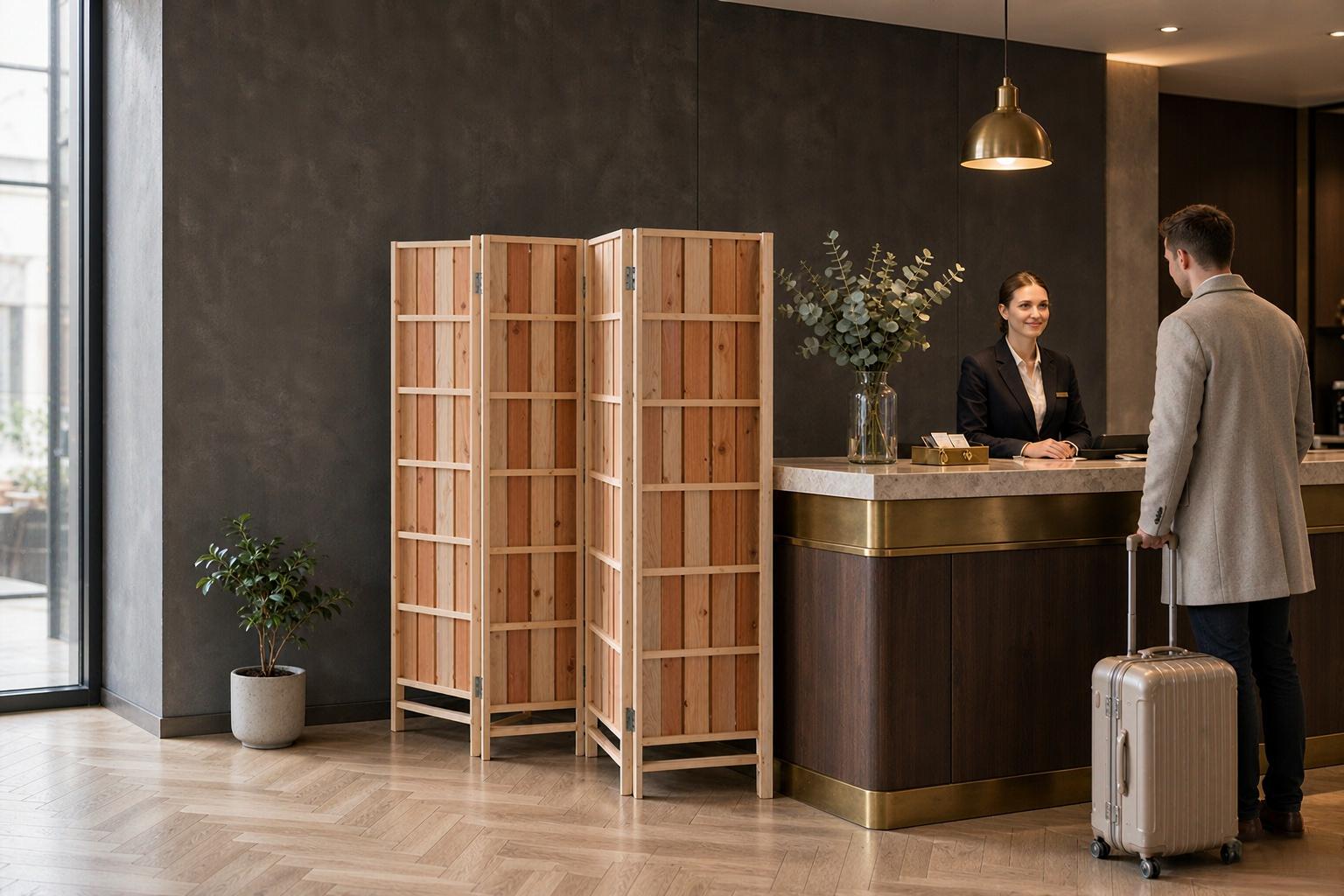 Compact slatted wood divider screening a hotel reception desk in warm natural grain
