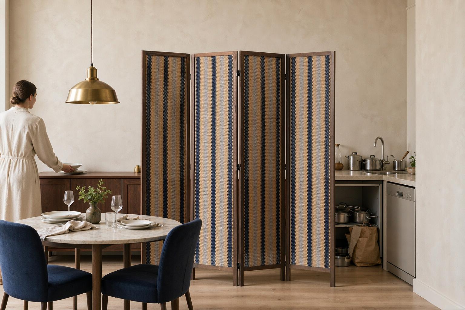 Navy and sand striped weave in a walnut frame screening an open kitchen from the dining table