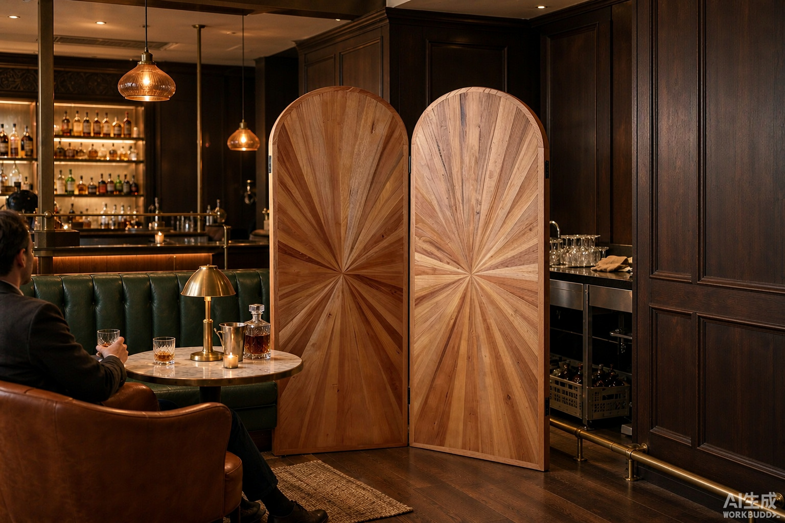 Radiating sunburst wood screen pattern dividing a whisky bar lounge with green banquettes