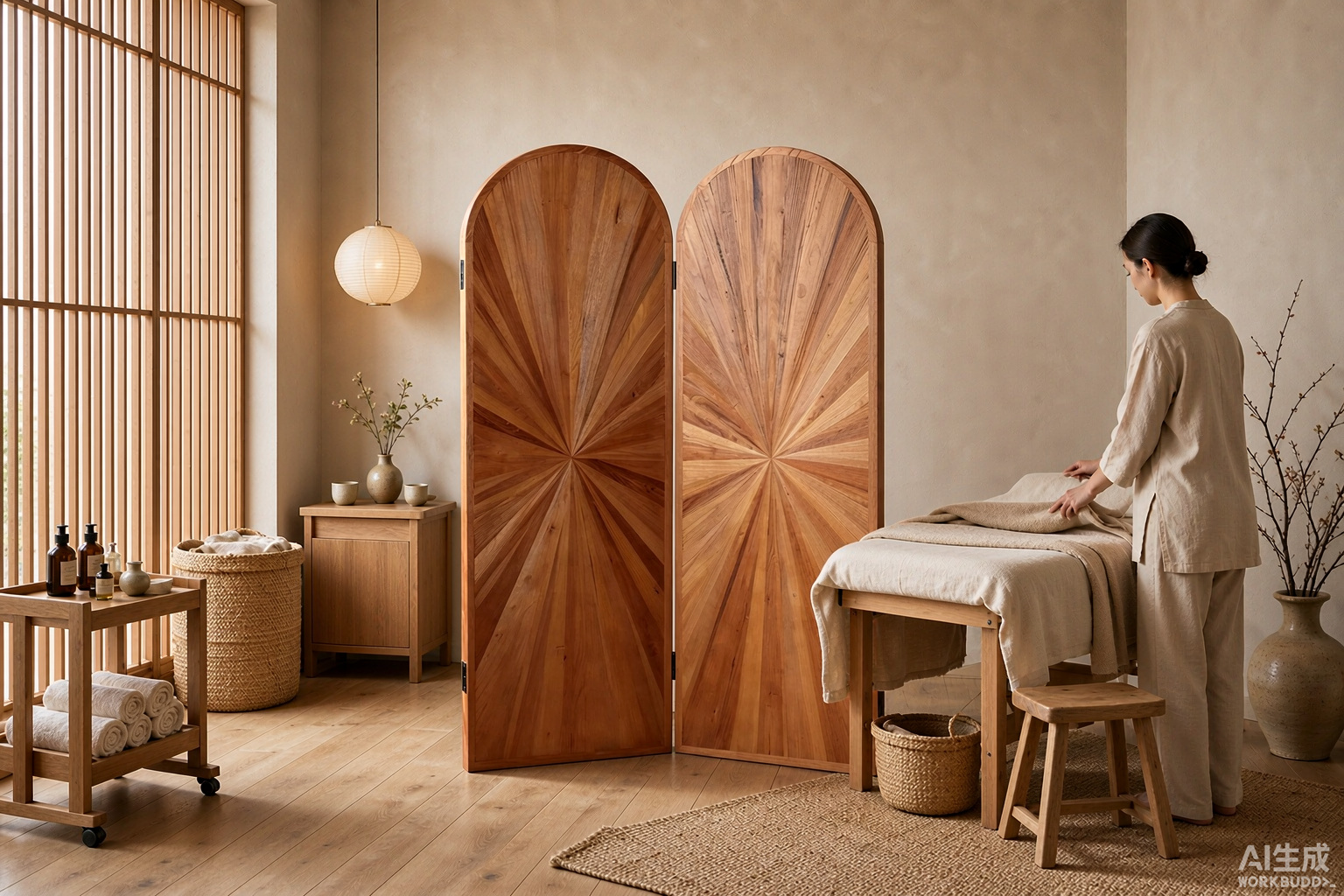 Sunray wood marquetry screen beside a massage table in a serene spa treatment room setting