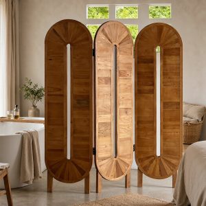 Water friendly teak bathroom divider ovals with slot detailing beside a freestanding bathtub in an ensuite